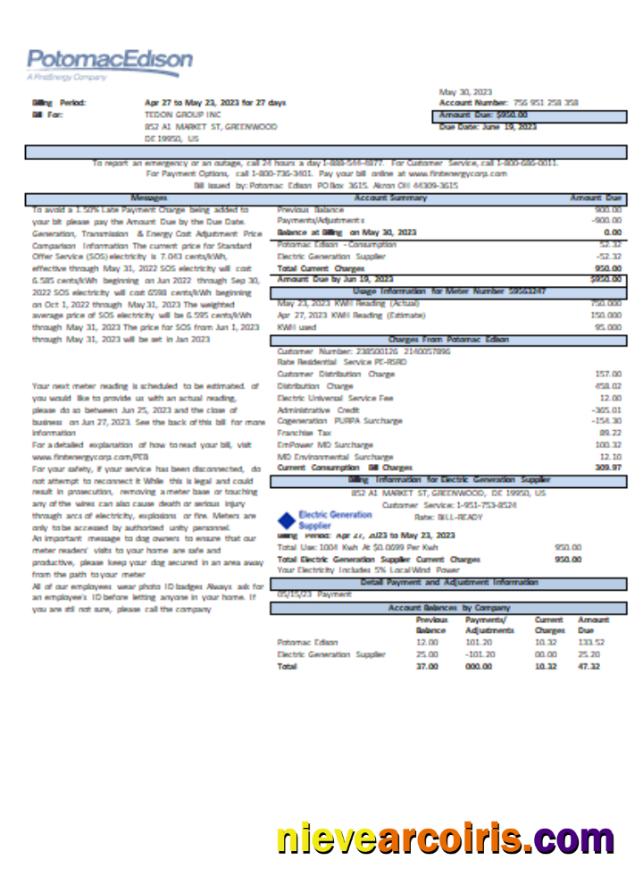 Potomac Edison utility business bill, page 1